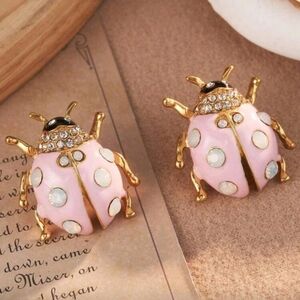 NEW! 18K Gold Plated Charming Pink Enamel & Sparkly Rhinestones Ladybug Earrings